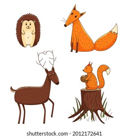 A set of colored doodles. Simple cute forest animals. Fox, deer, hedgehog, squirrel on a stump. Decorative elements with a stroke and fill. Color vector illustration isolated on a white background.