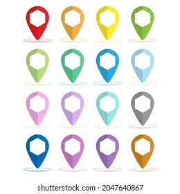 set of colored dots or pointers for a map with a hexagonal space in the center. Flat design.