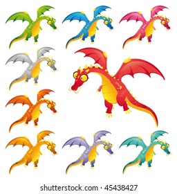 Set of colored dragons. Funny cartoon and vector characters.