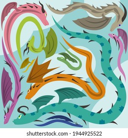 A set of colored dragons on a background of blue sky with clouds. Wallpaper on the wall in the children's room and for other purposes. Vector illustration.