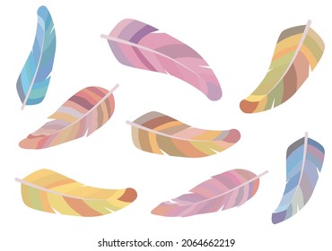 set of colored drawn cartoon feathers isolated on white background vector illustration.