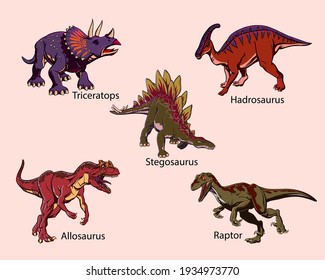 Set of colored drawn dinosaurs in pop art style for printing. Vector illustration