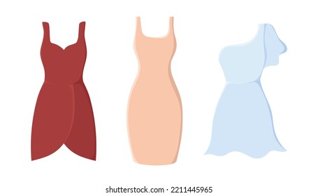Coloridos vestidos de mujeres. Mini. Ropa femenina. Moda. Estilo cóctel. Rojo, beige y azul. Objetos aislados sobre un fondo blanco. Textura vectorial. Ilustración de dibujos animados.