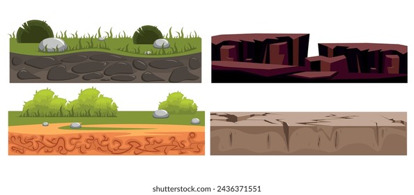 Set of colored earth soil in cartoon style. Vector illustration of different soil of the earth with stones, cracks, faults, green grass, bushes isolated on white background. Soil profiles.