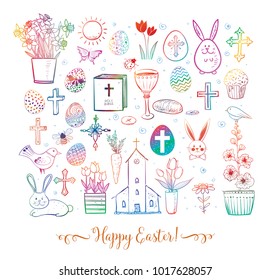 Set of colored easter doodles on white background. Vector illustration