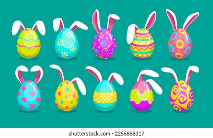 Set of colored Easter Eggs with different patterns and cute white bunny ears. Colorful design elements for holiday greeting cards. Vector illustration.