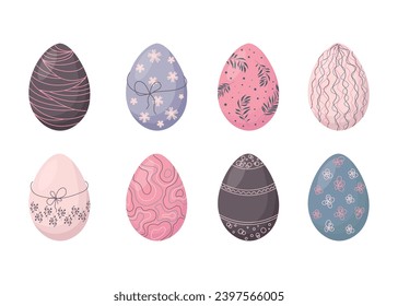 Set of colored Easter eggs in flat style isolated on white background Vector illustration
