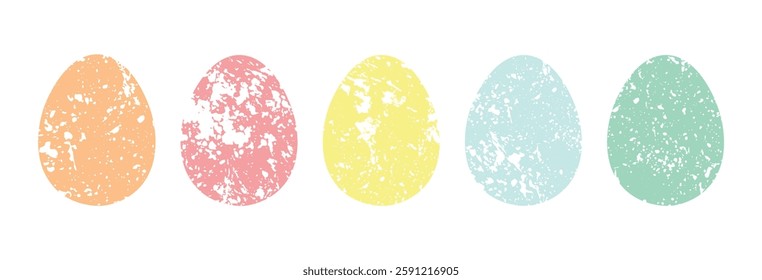 Set colored Easter eggs with grainy texture. Grunge noise effect. Old worn pastel retro element. Vintage colored eggs on white background. Holiday vector illustration.