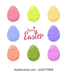 Set of colored Easter eggs, the inscription "Easter". Concept: holiday cards, banner icons, website, children's decorations, spring. Isolated white background. Vector illustration. EPS 10.