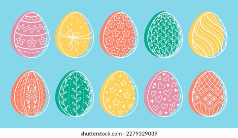 Set of colored Easter eggs isolated on blue background. Vector illustration in line doodle style. Collection of outlined icons with different hand drawn pattern for spring holiday design, banner, card