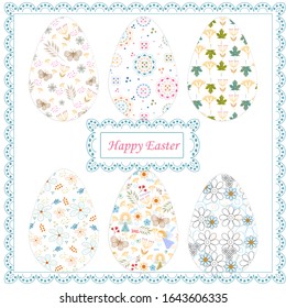 Set of colored Easter eggs with ornaments on a white background with a patterned frame in the center, happy Easter text, isolated, vector illustration