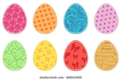 Set of colored Easter eggs with patterns inside in a flat style. Vector illustration.