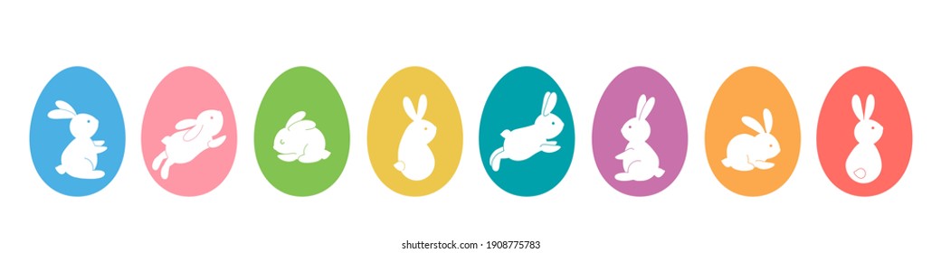 set of colored Easter eggs with various Easter bunnies inside. happy easter concept. flat vector illustration isolated on white background