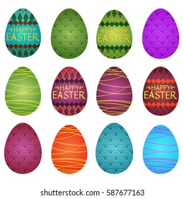 A set of colored Easter eggs with various patterns and the words: Happy Easter.