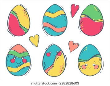 bunte Ostereier mit zornigen und seifenförmigen Gesichtern. Dekorierte Eier für die Frühlingsferien. Flache Vektorgrafik für Concept Design. Einzelobjekt.