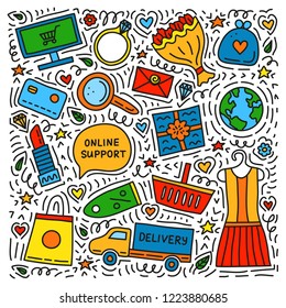 Set of colored e-commerce shopping doodles with elements isolated on white background.