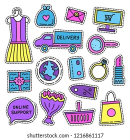 Set of colored e-commerce shopping stickers isolated on white background.
