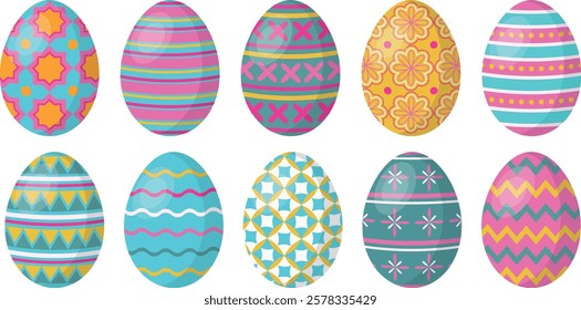 Set of colored eggs with decorative patterns.