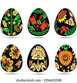 set of colored eggs in traditional Russian style isolated on white background