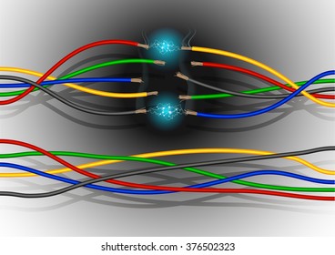 set of colored electric wires with sparks, smoke and soot