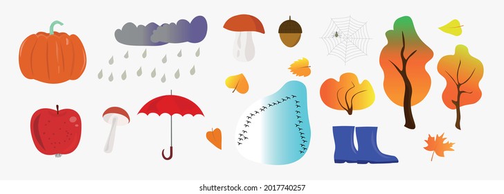 Set of colored elements of autumn nature and weather. Vector illustration of autumn symbols: pumpkin, apple, mushrooms, trees, leaves, cobwebs, migratory birds, rain clouds, umbrella, rubber boots.