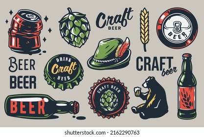 Set of colored elements for the brewery, including a beer, bear, hop, hat with a feather, barley, crumpled can and bottle