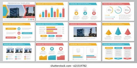 Set of colored elements for multipurpose presentation template slides with graphs and charts. Leaflet, corporate report, marketing, advertising,  book cover design.