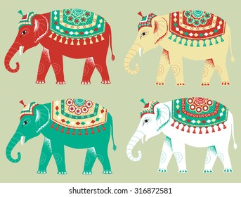 set of colored elephants in Indian style - illustration