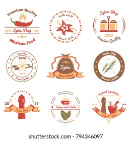 Set of colored emblems for shops of spices and herbs with rosemary, pepper, vanilla isolated vector illustration 