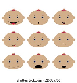 set of colored emoticons, baby girl. Smile, surprise, sadness, laughter and happiness. Vector illustration