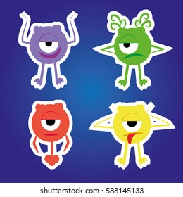
Set colored emotional monster. Cyclops purple good, yellow indicates a language, a strong red, green hurt. Funny stickers. Bright illustrations