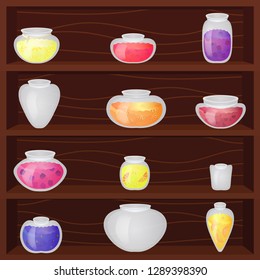 Set of colored and empty jam jars on wooden shelves. Vector illustration.