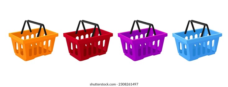 Set of colored empty plastic baskets for products, goods. The concept of shopping, hypermarkets, supermarkets, retail.