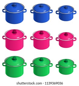 Set of colored enamel pans with lids, different size, isolated on white background