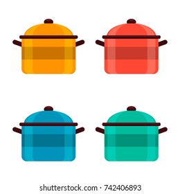 Set of colored enameled pots on white background, vector illustration. saucepan. 