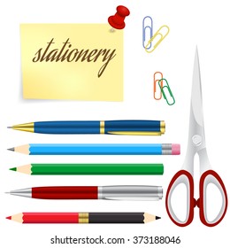 Set of colored engineering and office pens and pencils, vector illustration