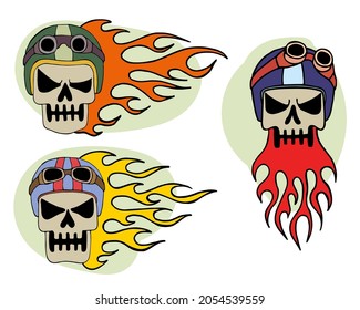 Set of colored evil skulls of bikers in helmet with fire line art. Hand drawn vector illustration. Simple sketch graphics. Isolated design element.