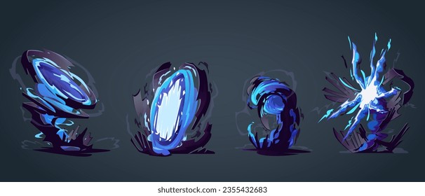 Set of colored explosions. Explosion in the air, detonation on the surface, storm, vortex funnel, portal. Visual effects of explosion, shock wave. Sci-fi, fantasy, neon colors. Vector cartoon