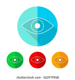 Set of colored eye icons. White eye icon with long shadow. Vector illustration. Eye sign on a the round button.