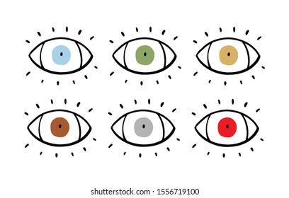 Set of colored eyes hand drawn vector illustration in cartoon comic style green blue yellow orange beige grey red
