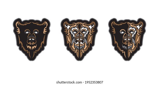 Set of colored face of a dog. Polynesia style. Good for t-shirts and prints. Isolated. Vector illustration.