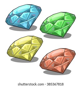 Set of colored faceted gems. Vector illustration.