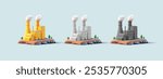 Set of colored factories with pipes and smoke, 3D. Realistic image for concepts of industry, heavy industry, and production of goods. Vector