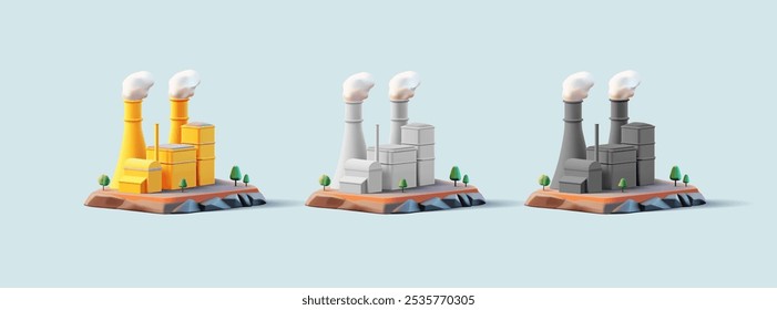 Set of colored factories with pipes and smoke, 3D. Realistic image for concepts of industry, heavy industry, and production of goods. Vector