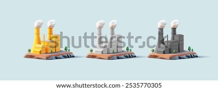 Set of colored factories with pipes and smoke, 3D. Realistic image for concepts of industry, heavy industry, and production of goods. Vector