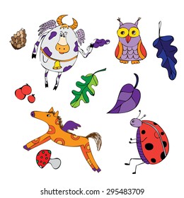 set of colored fairy magic animals . brightly colored beasts of the forest . vetor background