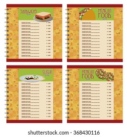 Set of colored fast food menu designs with text and combos