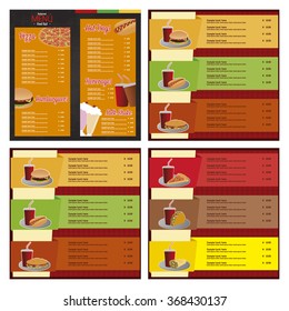Set of colored fast food menu designs with text and combos