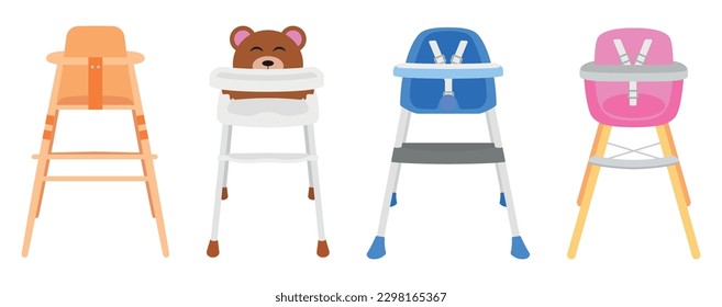 Set of colored feeding tables for babies in cartoon style. Vector illustration of various high feeding tables for children: orange, blue, pink, with a bear isolated on a white background.