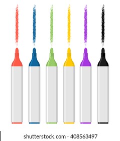 Set of colored felt-tip pens on white background. Marker trace. Red and black felt-tip pen